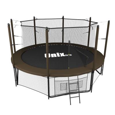 Батут Unix Line 12 ft inside (3,66 м) Black&amp;Brown с сеткой и лестницей Батут Unix Line 12 ft inside (3,66 м) Black&amp;Brown - это безопасный, надежный и долговечный батут для семейного отдыха на даче.
Тип крепления сетки: внутренний.
Максимальная нагрузка: 160 кг.
Высота батута: 269 см.
Диаметр батута: 3,66 м.
Высота защитной сети: 180 см.
Система крепления защитной сети: STRONG FIX&trade;.
Пружины: 72 шт.
Толщина стали: 1,5 мм.
Ножки W-образные: 4 шт.
